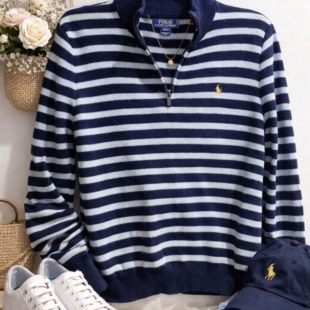 Polo by Ralph Lauren Navy & White Striped Half-Zip Pullover